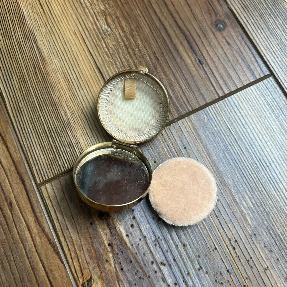 Majestic Face Powder Compact 1940s Round Signed Puff USA Brass Engine Turned